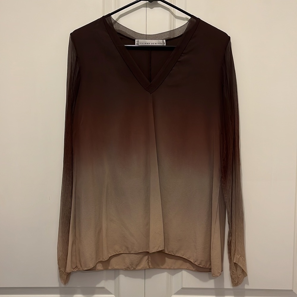 Viviana Uchitel 100% Silk Brown Ombre V-Neck Top